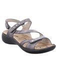 Pewter leather sandal with three adjustable straps and black outsole.