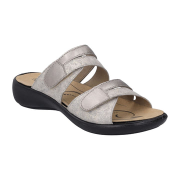 Light pinkish bronze two strap slide sandal with black outsole.