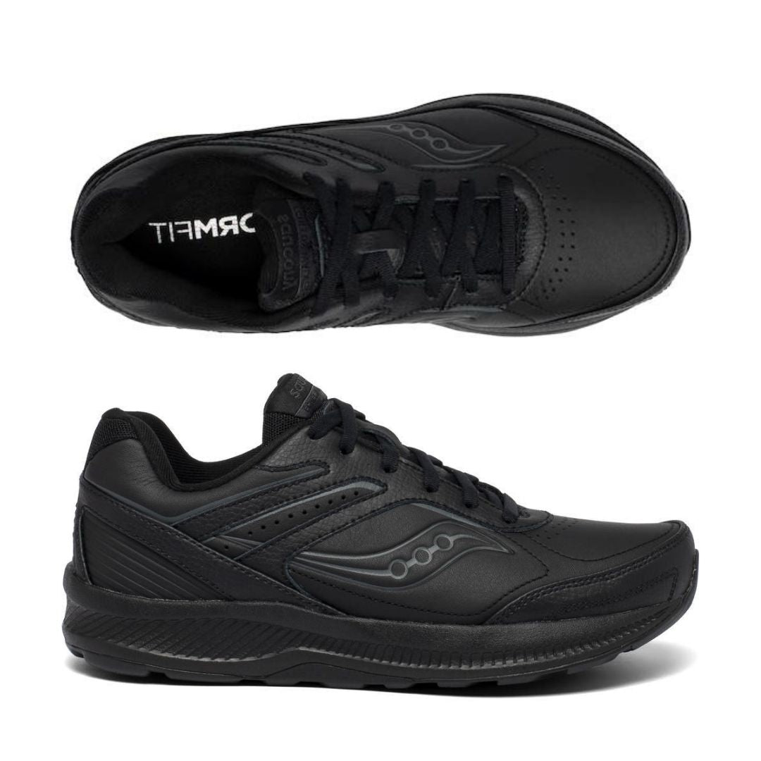 Top and side view of black leather lace up sneaker with Saucony logo on side