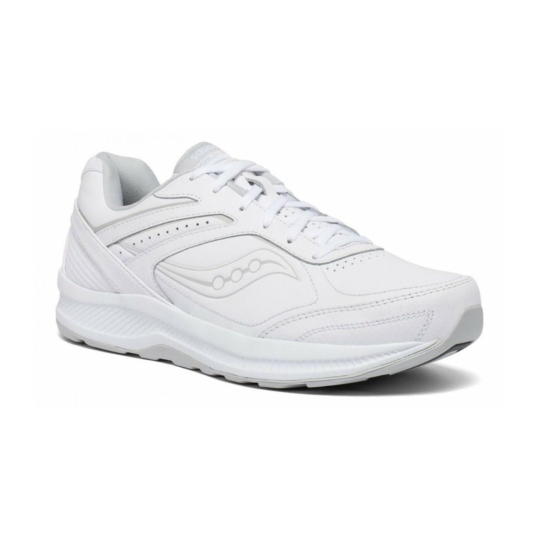 White leather lace up sneaker with Saucony logo on side