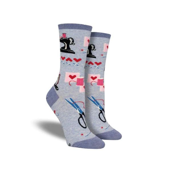 Women's Socksmith Sew In Love Socks feature sewing machines, scissors, and thread on a grey cotton crew sock. Trendy sewing socks for crafters.