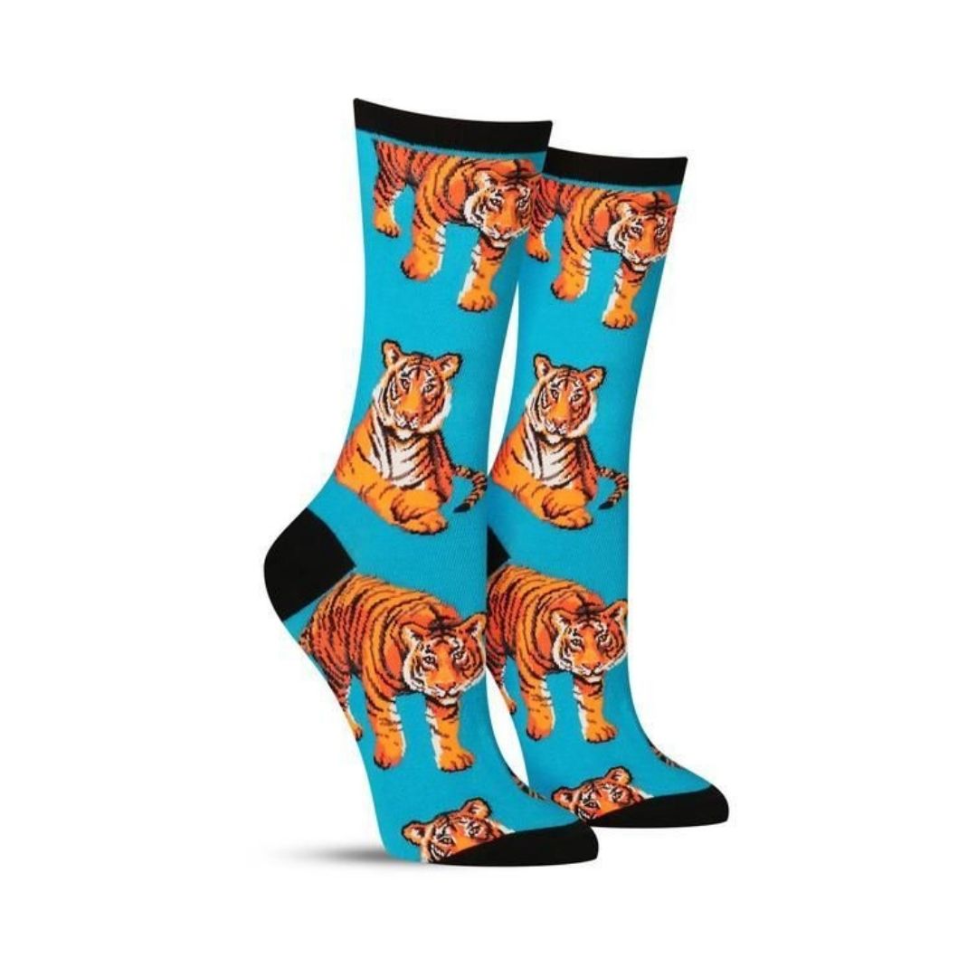Women's Socksmith Ain't Lion Socks in bright blue with bold tiger print, stylish cotton crew socks for animal lovers and fashion-forward outfits.