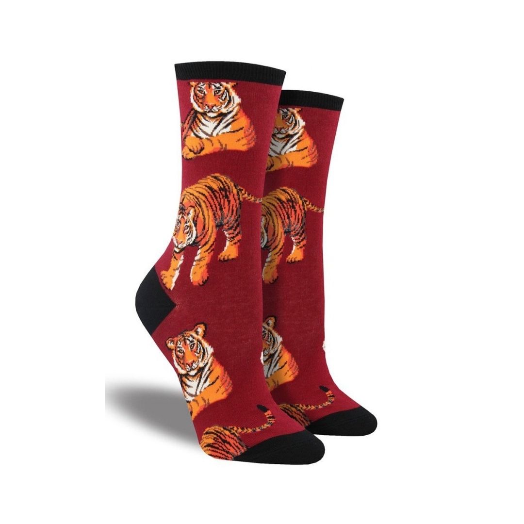 Women's Socksmith Ain't Lion Socks in deep red featuring vivid tiger graphics, breathable cotton crew socks for unique animal-themed fashion.