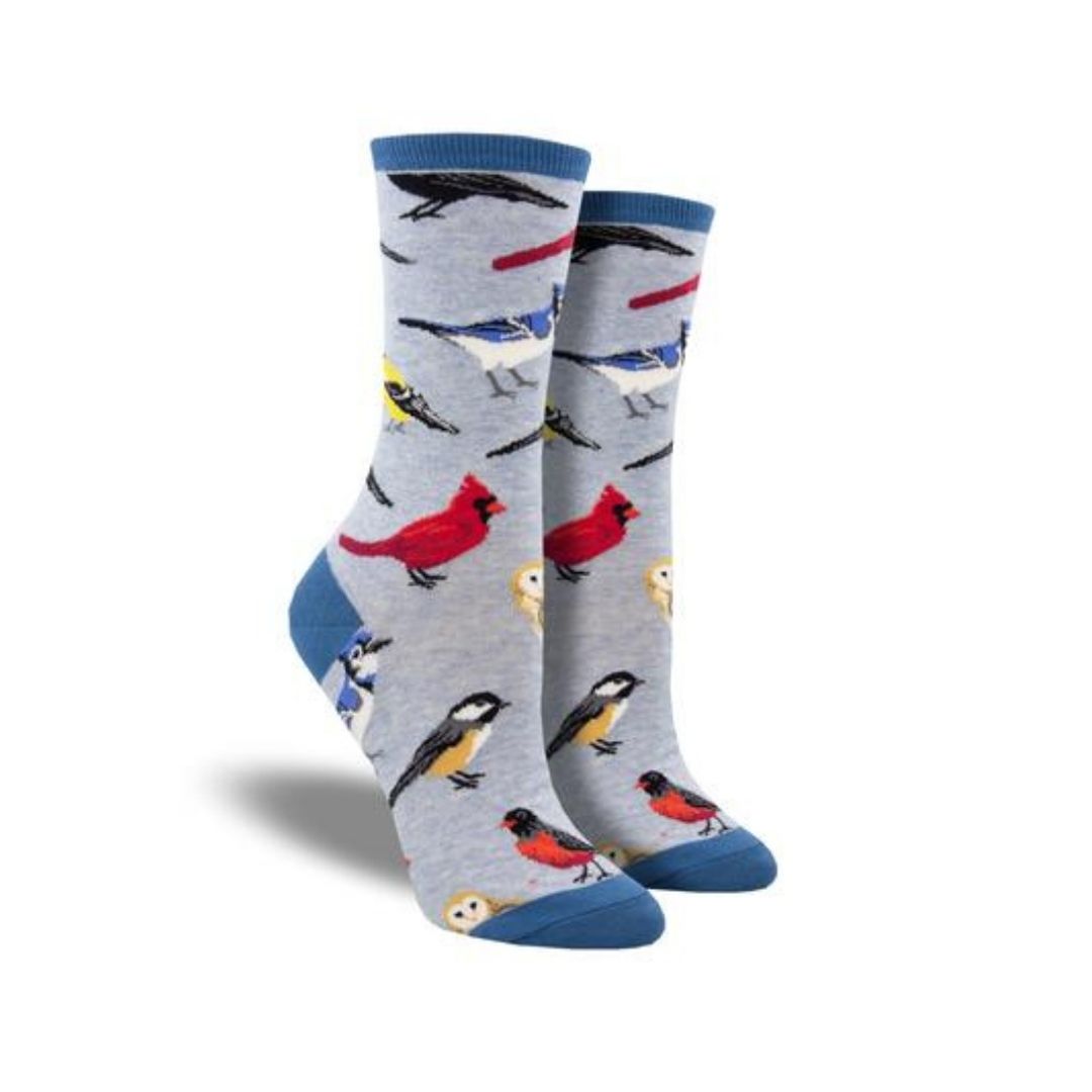 Socksmith Women&#39;s Bird Is The Word Cotton Crew Socks in light blue with colorful bird illustrations, perfect for bird lovers and casual wear.