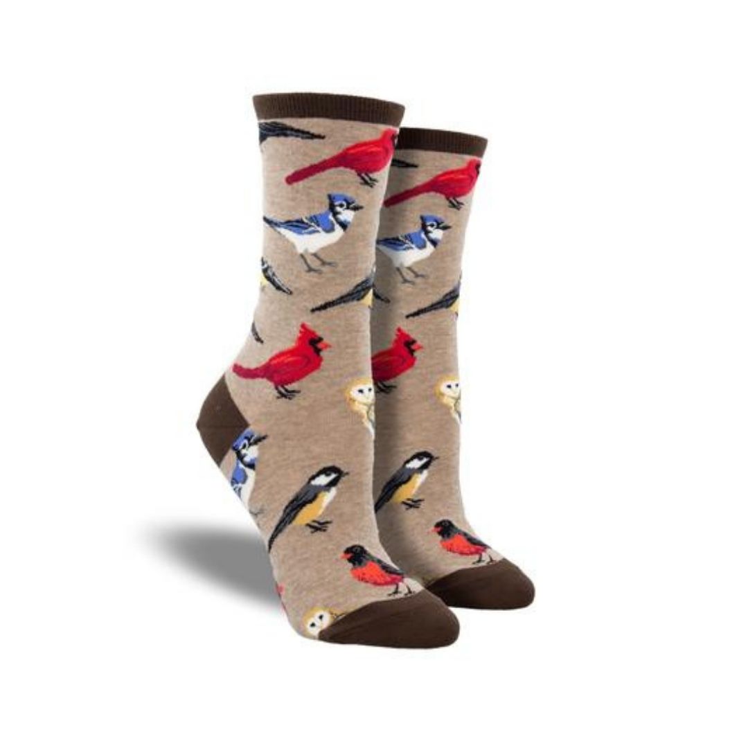 Socksmith Women&#39;s Bird Is The Word Cotton Crew Socks in tan with vibrant bird patterns, ideal for nature-themed fashion in women&#39;s socks.