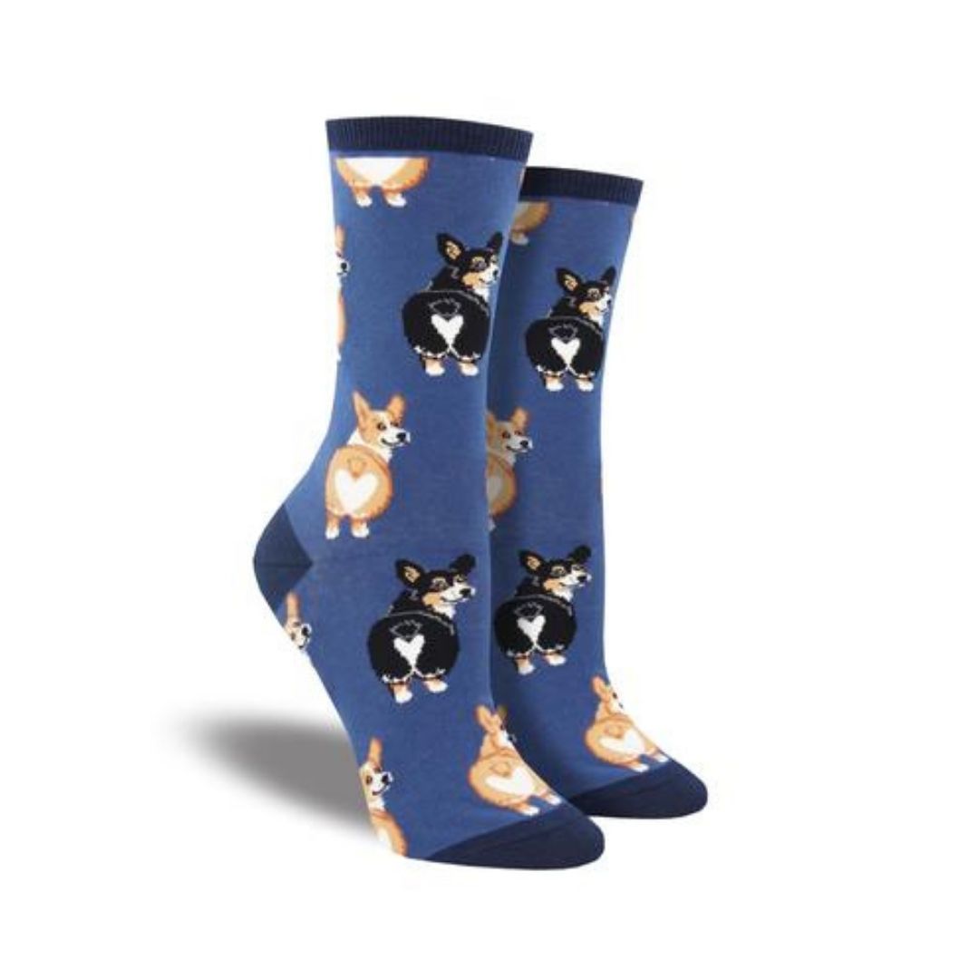 Blue socks with beige and black corgi dog butts