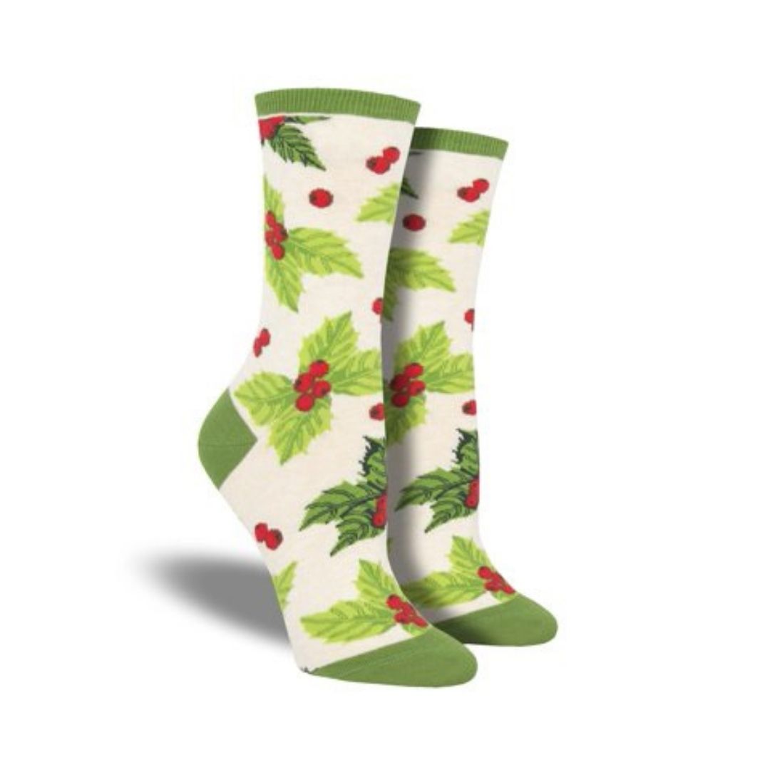 Women's Socksmith Deck The Halls Socks featuring green holly leaves and red berries on cream cotton crew socks, perfect for Christmas holidays.