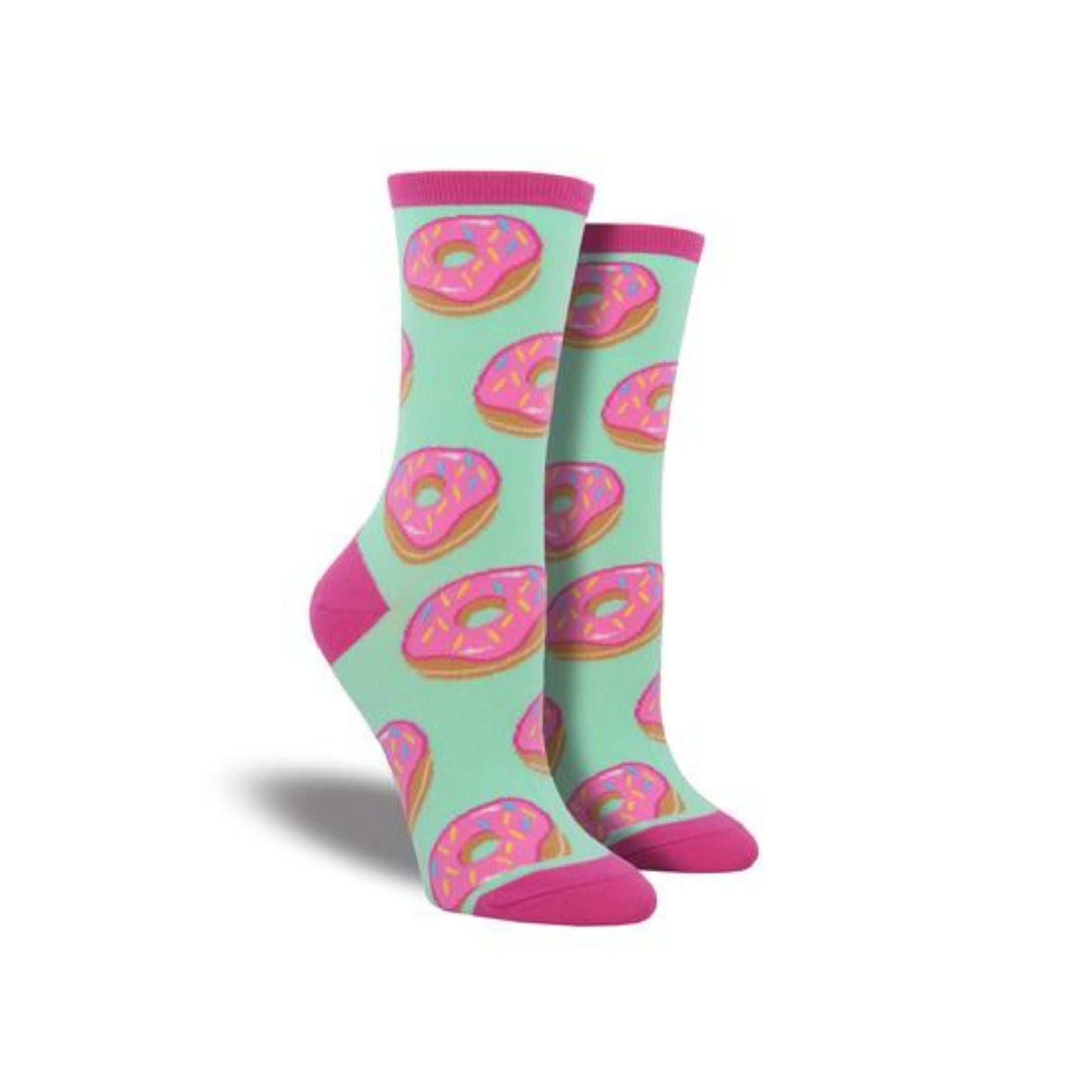 Teal socks with pink accents featuring pink sprinkle dounuts