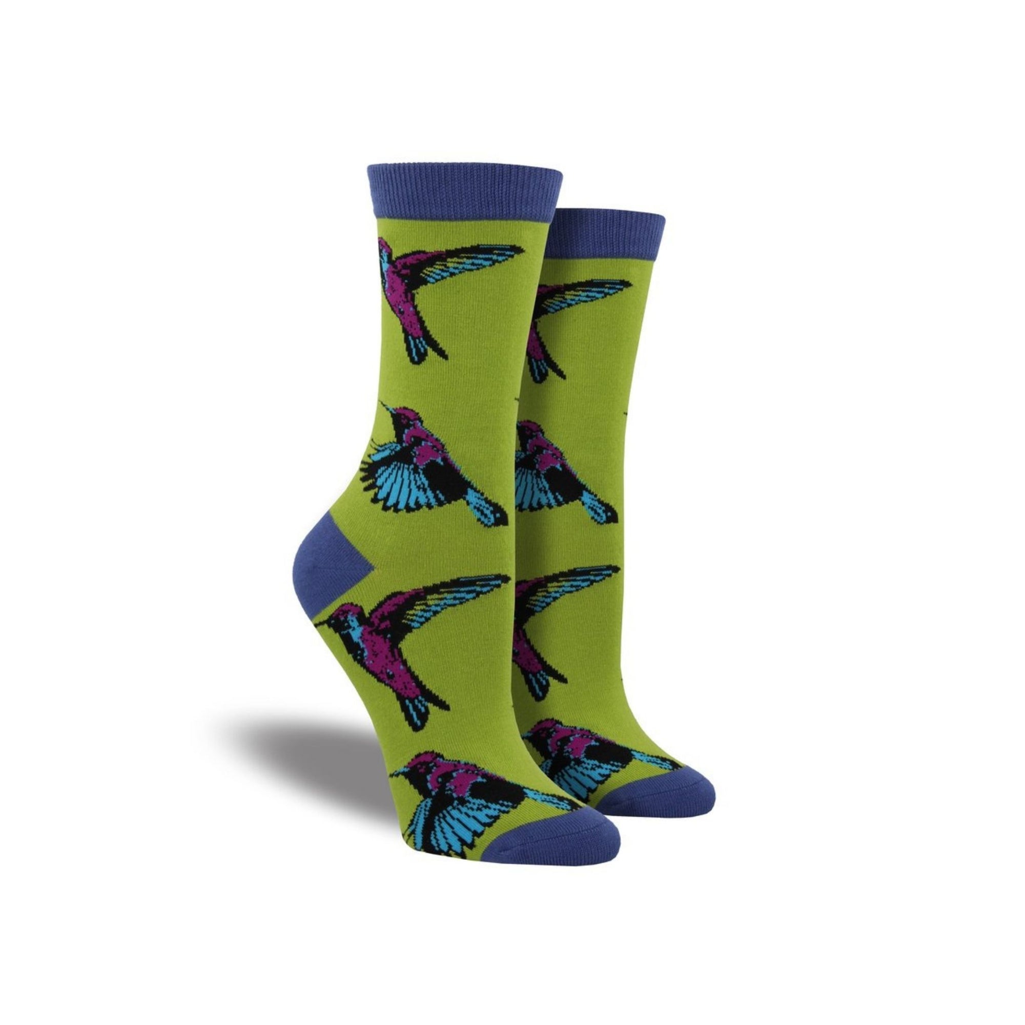 Green socks with blue accents featuring hummingbirds on them