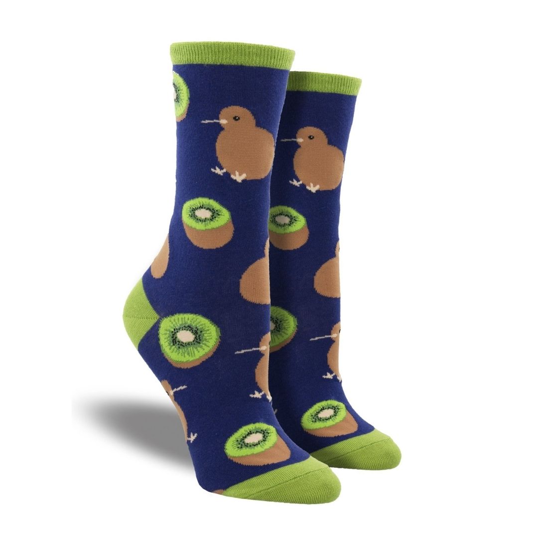 Women's Socksmith Kiwi Mate cotton crew socks featuring kiwi birds and kiwi fruit on a navy background with green accents. Fun novelty gift idea.
