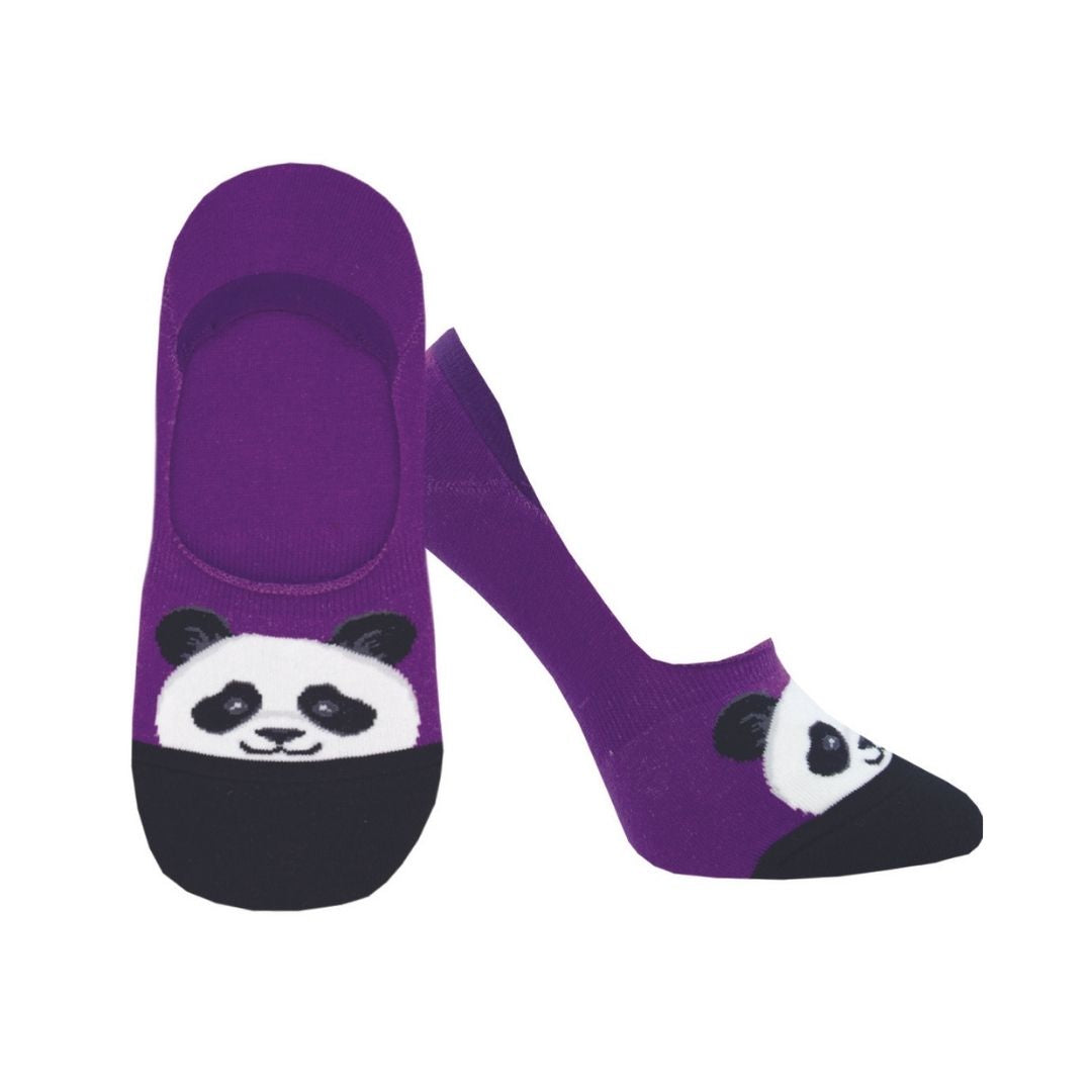 Women's No Show Socks in purple with panda face design and black toe.