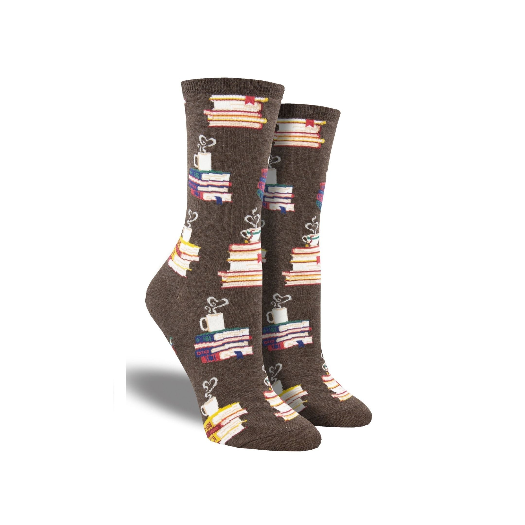 Brown socks with stacks of books and coffee mug at top