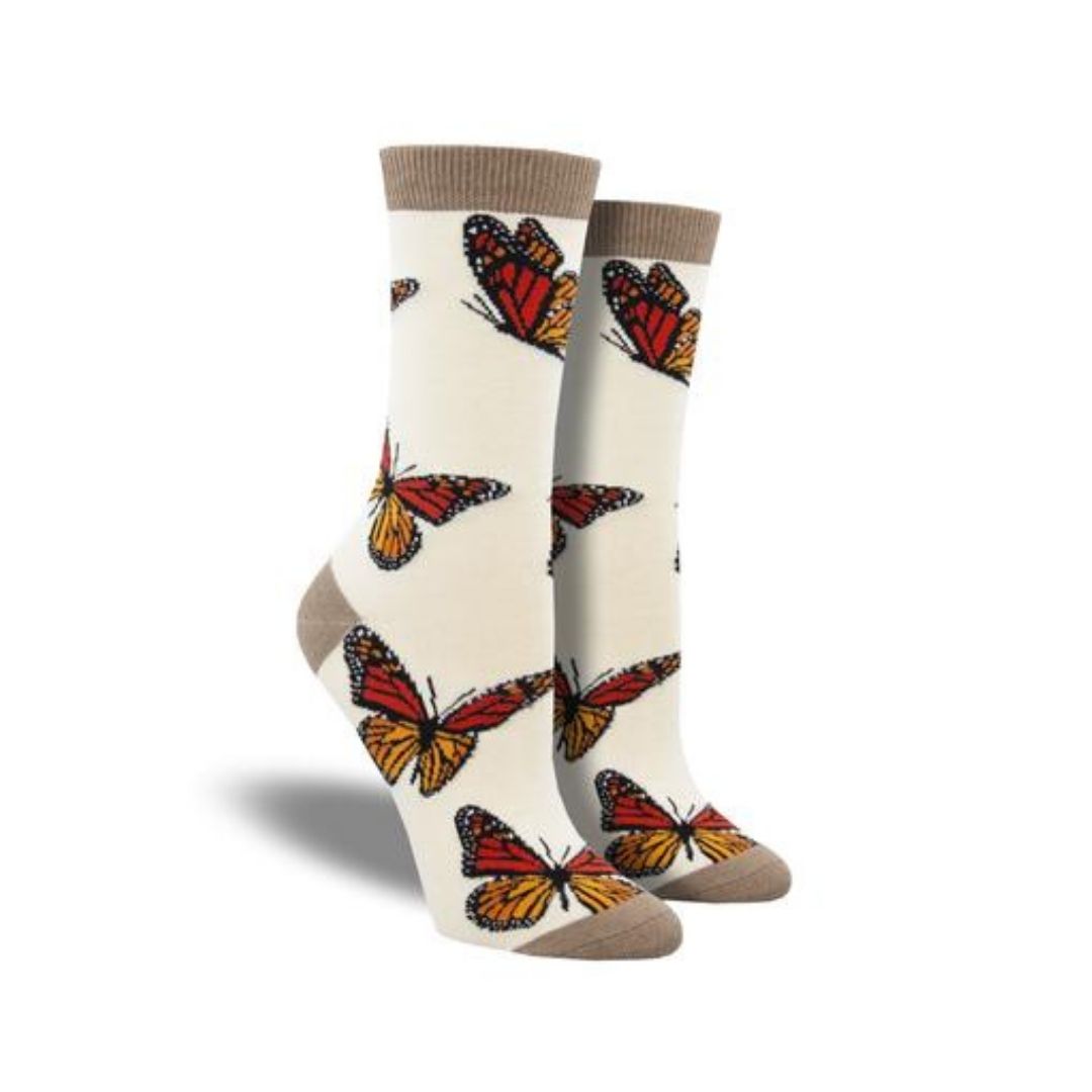 Orange monarch butterflies on cream  crew socks with dark brown cuff, toe and heel cap.