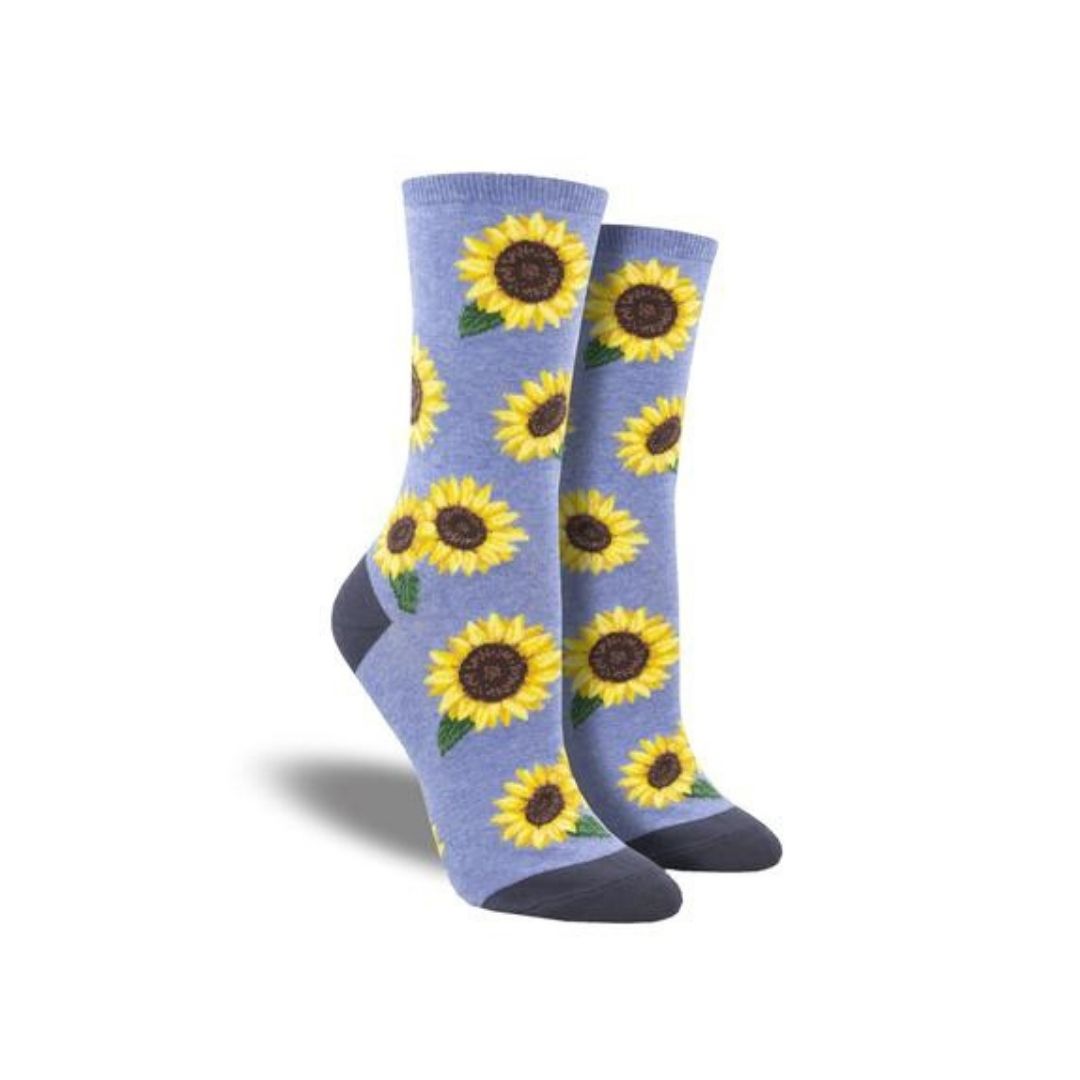 Women's Socksmith More Blooming cotton crew socks in blue with vibrant sunflower floral print, perfect for cheerful everyday wear.