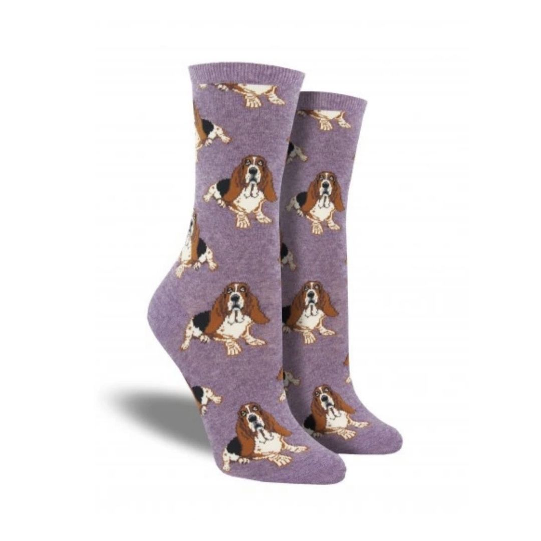 Socksmith Women's Nothing But A Hound Dog Socks in purple with Basset Hound print, cotton crew style for dog lovers in apparel accessories.