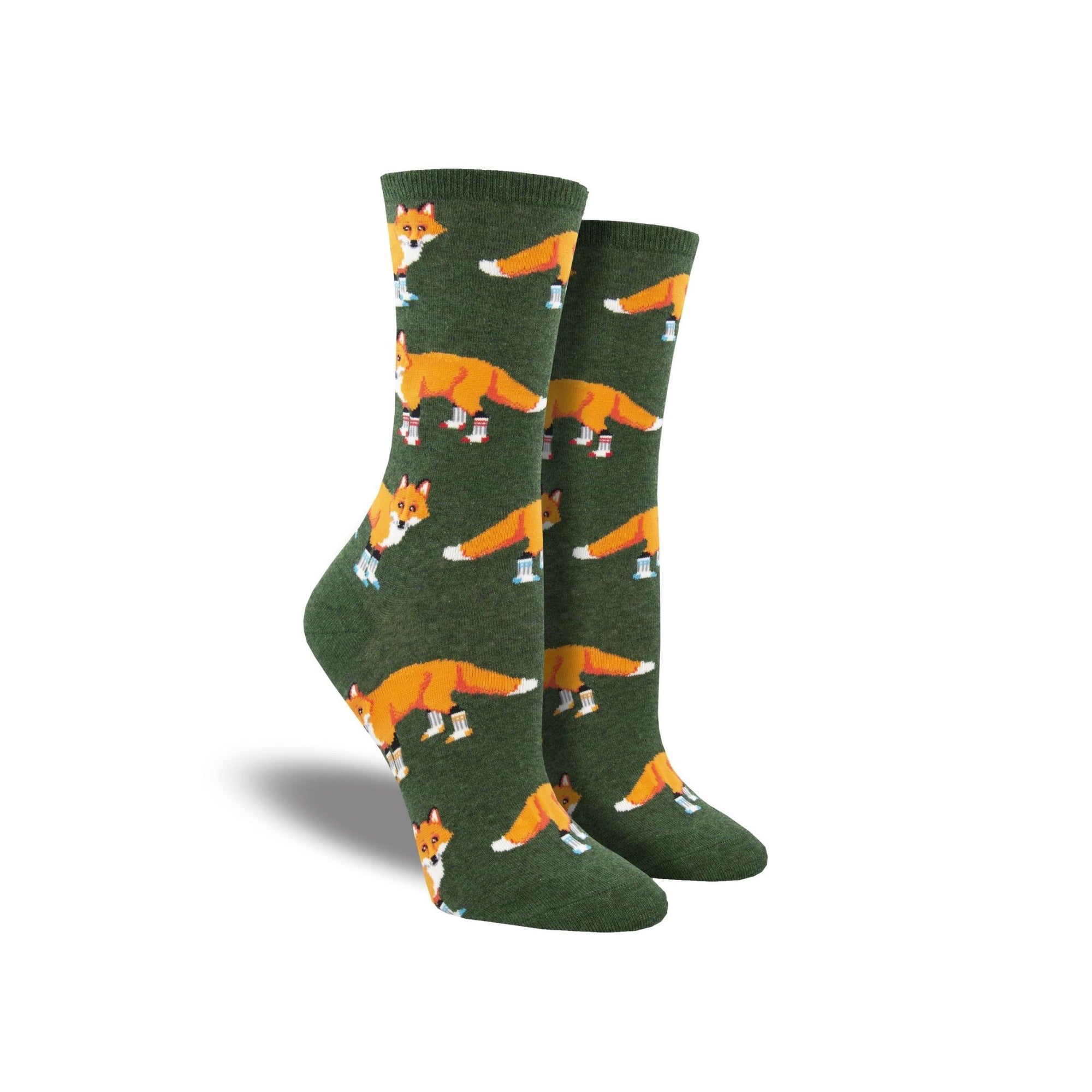 Green socks featuring foxes wearing socks.