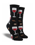 Socks in black featuring wine, chocolate, and truffle graphics. 