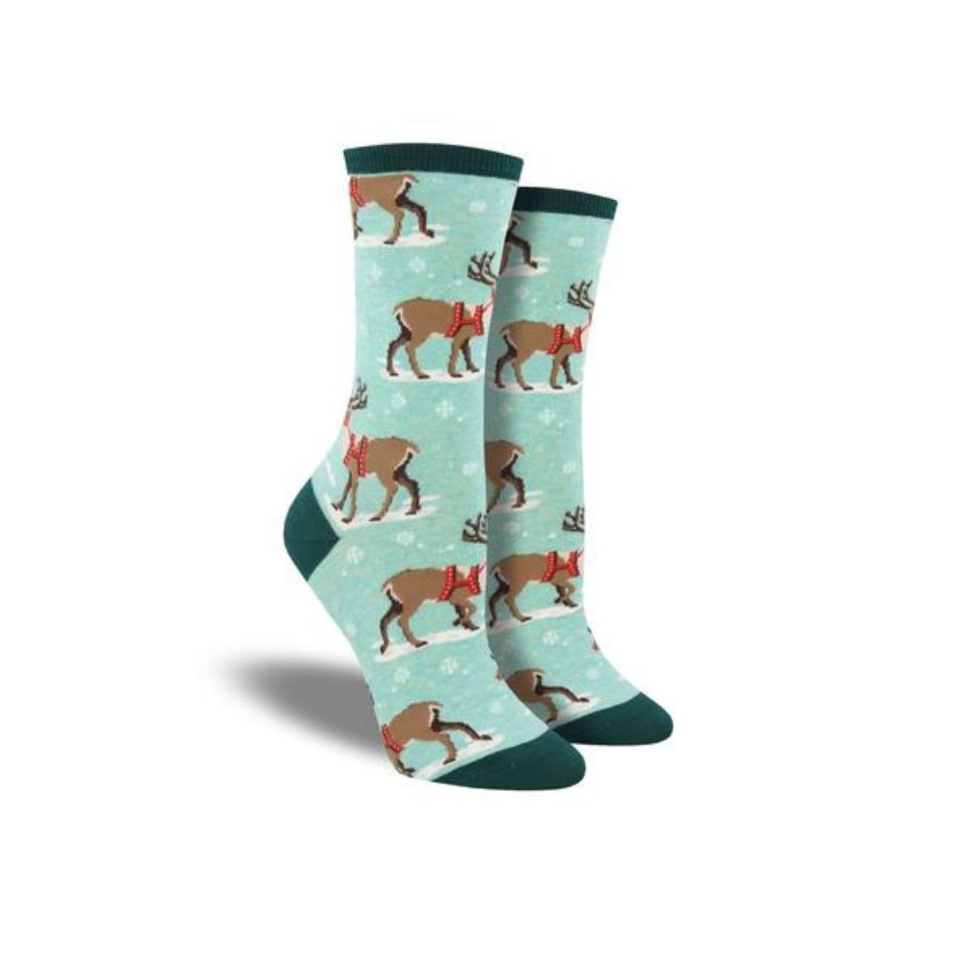Light Blue socks with reindeer walking