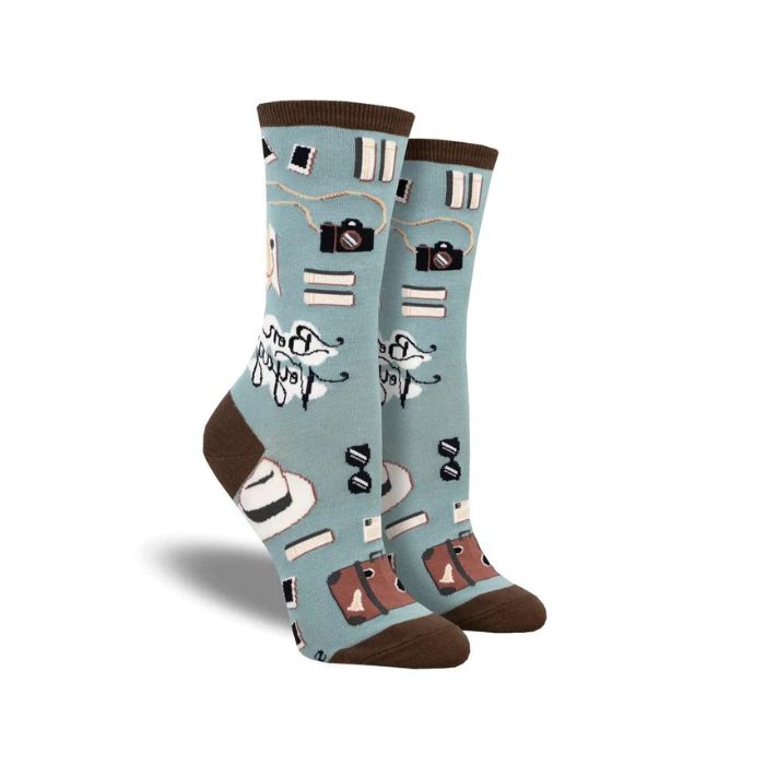 Women's Socksmith Bon Voyage Socks with travel-themed prints like luggage, cameras, and passports. Cotton crew socks perfect for wanderlust lovers.