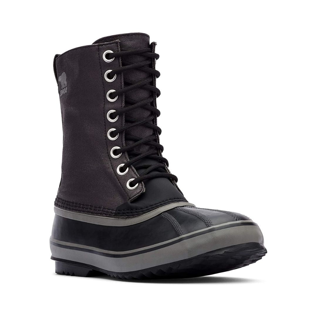 Black winter Sorel boot with laces and black rubber foot.