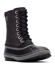 Black winter Sorel boot with laces and black rubber foot.