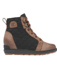 Brown leather and black quilted textile boot with lace closure.