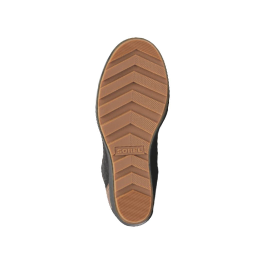 Brown rubber outsole with Sorel logo in center.