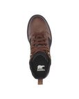 Top view of brown leather and black quilted textile boot with lace closure. White Sorel logo on heel of insole.