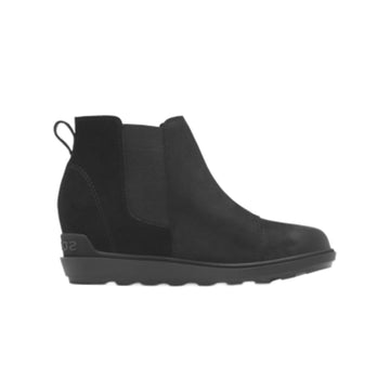 Black leather wedge ankle Chelsea boot with heel pull tab.