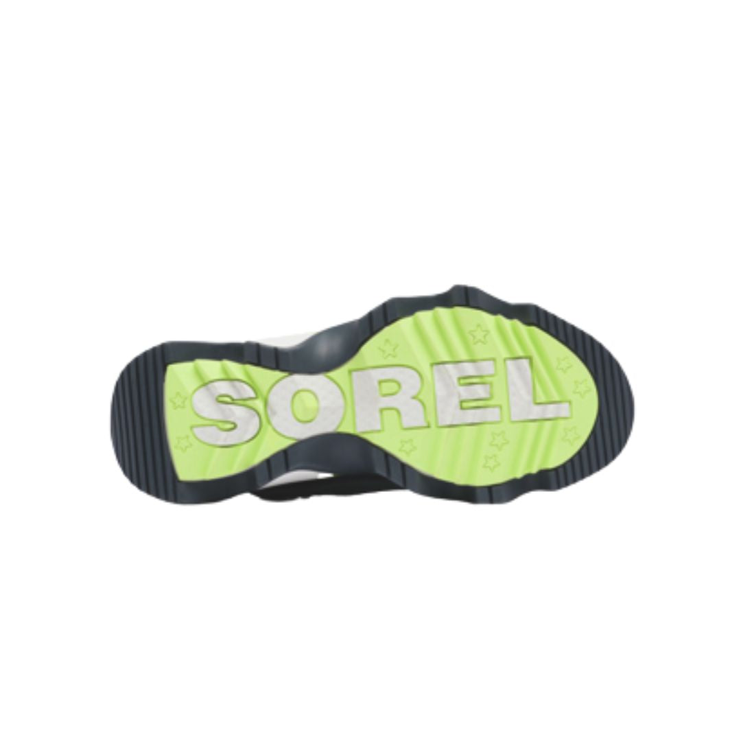 Blue and neon green outsole with white Sorel logo in center.