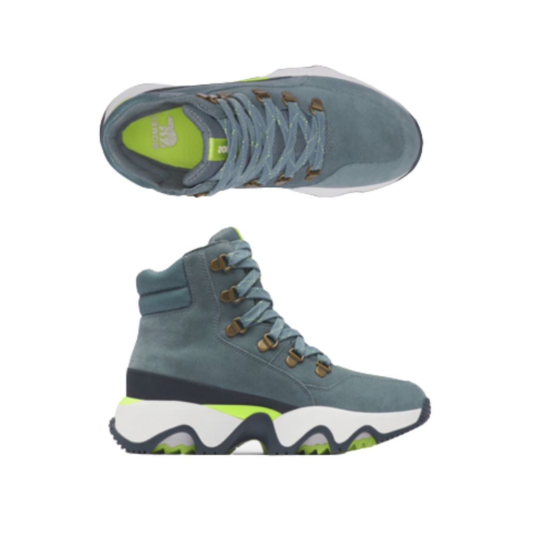 Blue suede leather lace-up boots with white and blue thick wavy outsole. Neon green insole has white Sorel logo printed on heel.