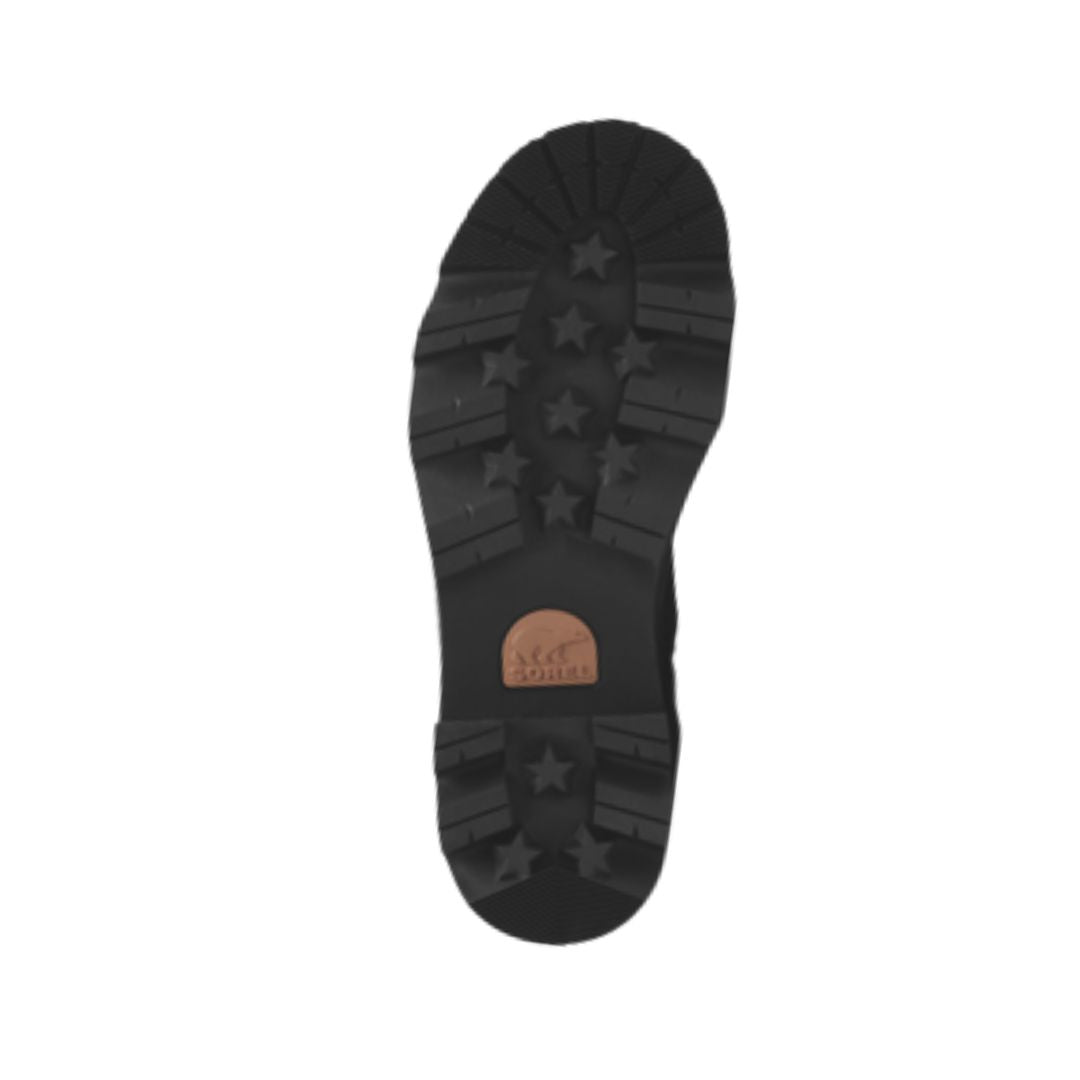 Black rubber outsole with brown Sorel logo in center.