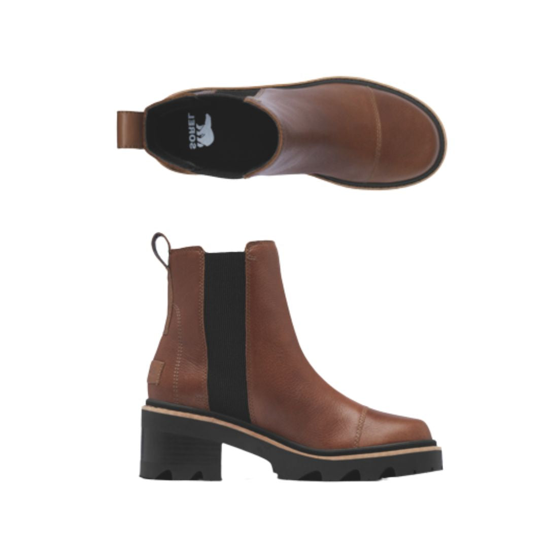 Top and side view of brown leather Chelsea boot with black elastic goring, heel pull tab and platform heeled outsole. White Sorel logo on heel of insole.