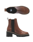 Top and side view of brown leather Chelsea boot with black elastic goring, heel pull tab and platform heeled outsole. White Sorel logo on heel of insole.