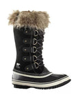 Black tall winter Sorel lace up boot with rubber foot and faux fur trim.