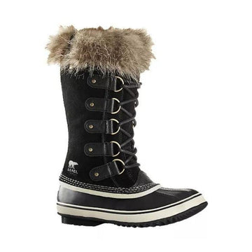 Black tall winter Sorel lace up boot with rubber foot and faux fur trim.