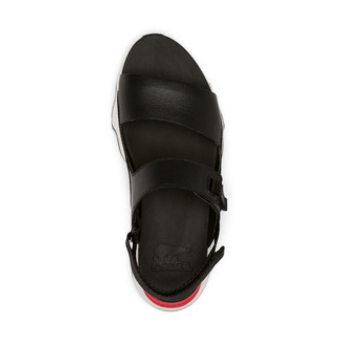 Black leather sandal with backstrap and black insole with Sorel logo printed on heel.