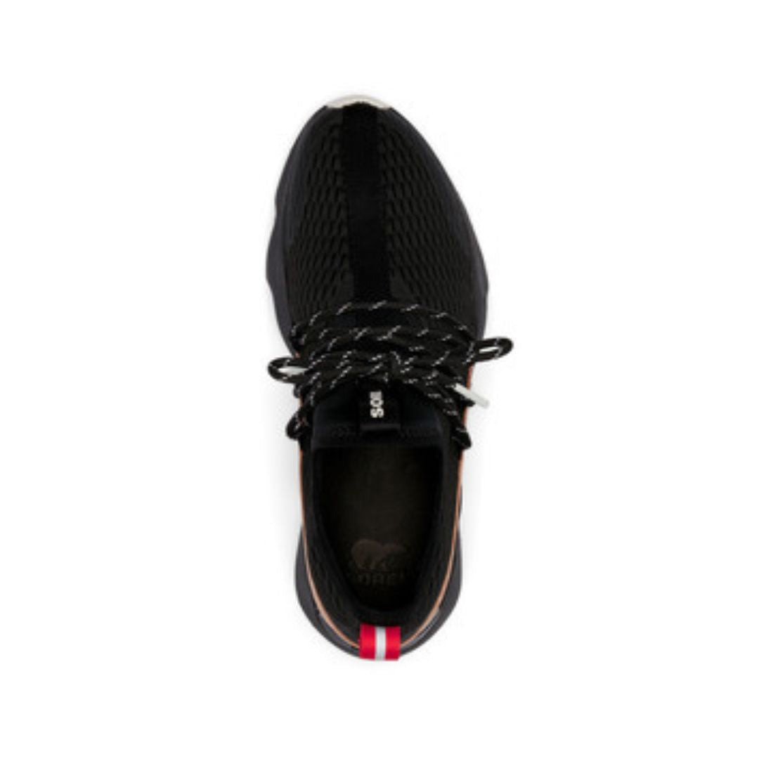 Black mesh slip-on sneaker with black and white laces and red heel pull tab. Sorel logo imprinted on heel of black insole.
