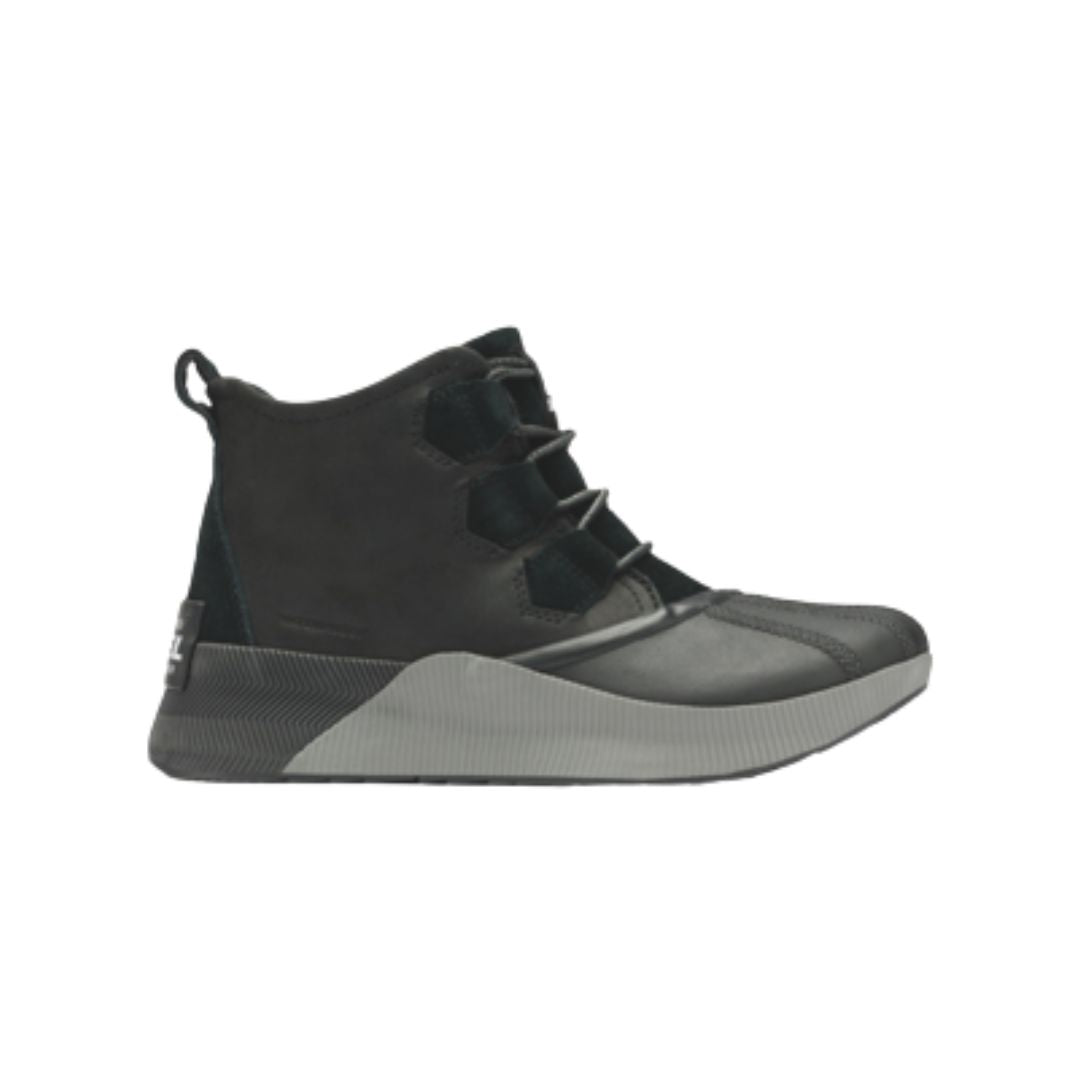 Black leather ankle boot with laces and black and grey rubber outsole.