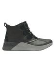 Black leather ankle boot with laces and black and grey rubber outsole.