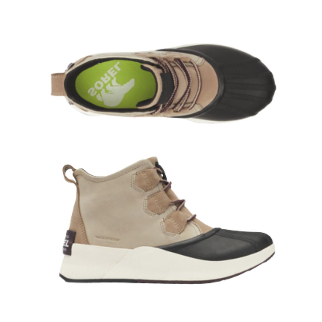 Top and side view of taupe suede leather ankle boot with laces and black rubber outsole. Lime green insole with white Sorel logo at heel.