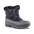 Black winter boot with faux fur lining, suede upper, round laces, and a rubber shell wrapping around the lower foot and up the sides.