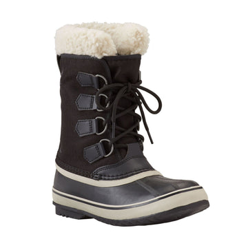 Black lace up Sorel winter boot with white faux fur trim and black rubber foot