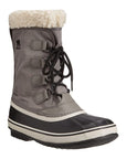 Grey lace up Sorel winter boot with white faux fur trim and black rubber foot