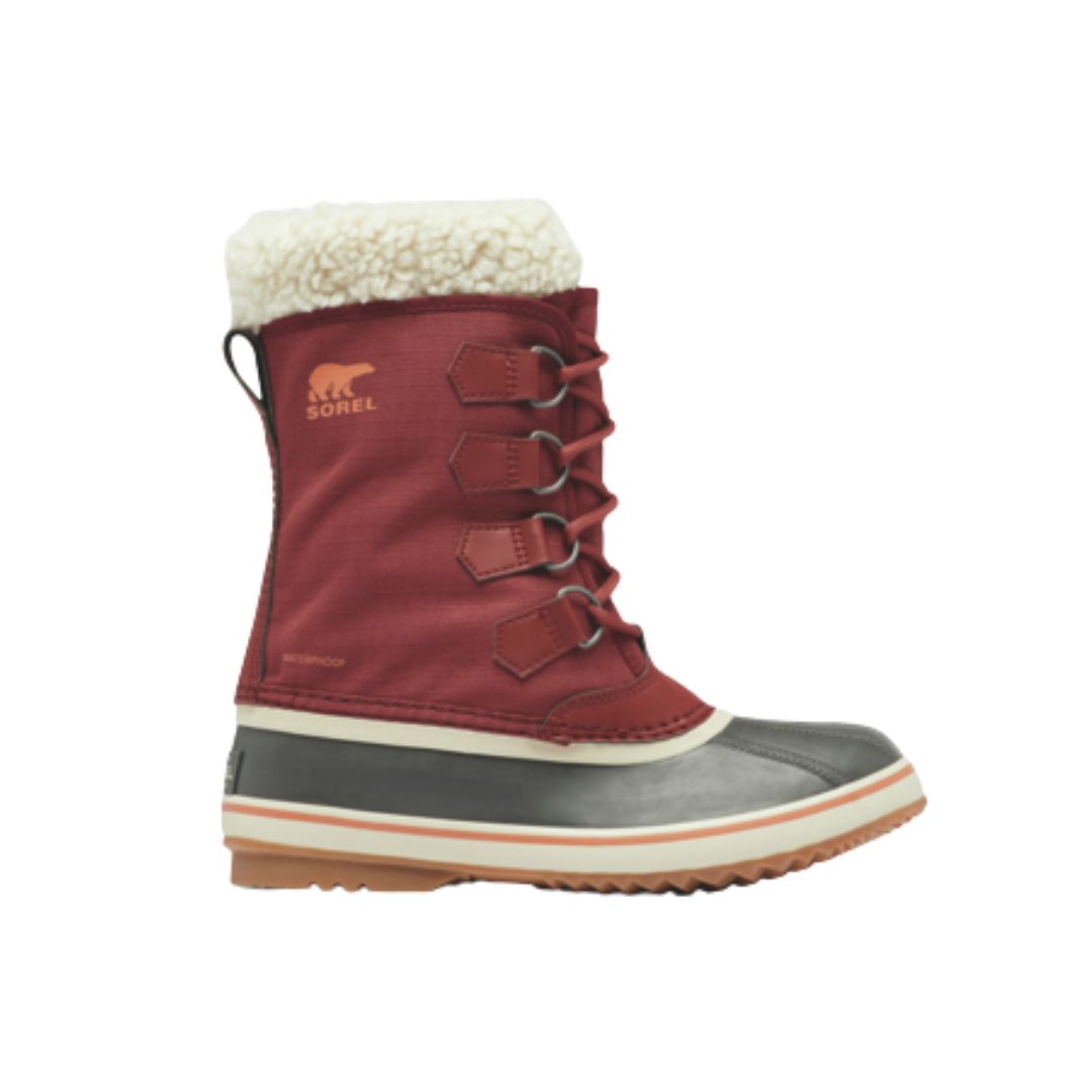 Red lace up Sorel winter boot with white faux fur trim and black rubber foot.