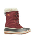Red lace up Sorel winter boot with white faux fur trim and black rubber foot.