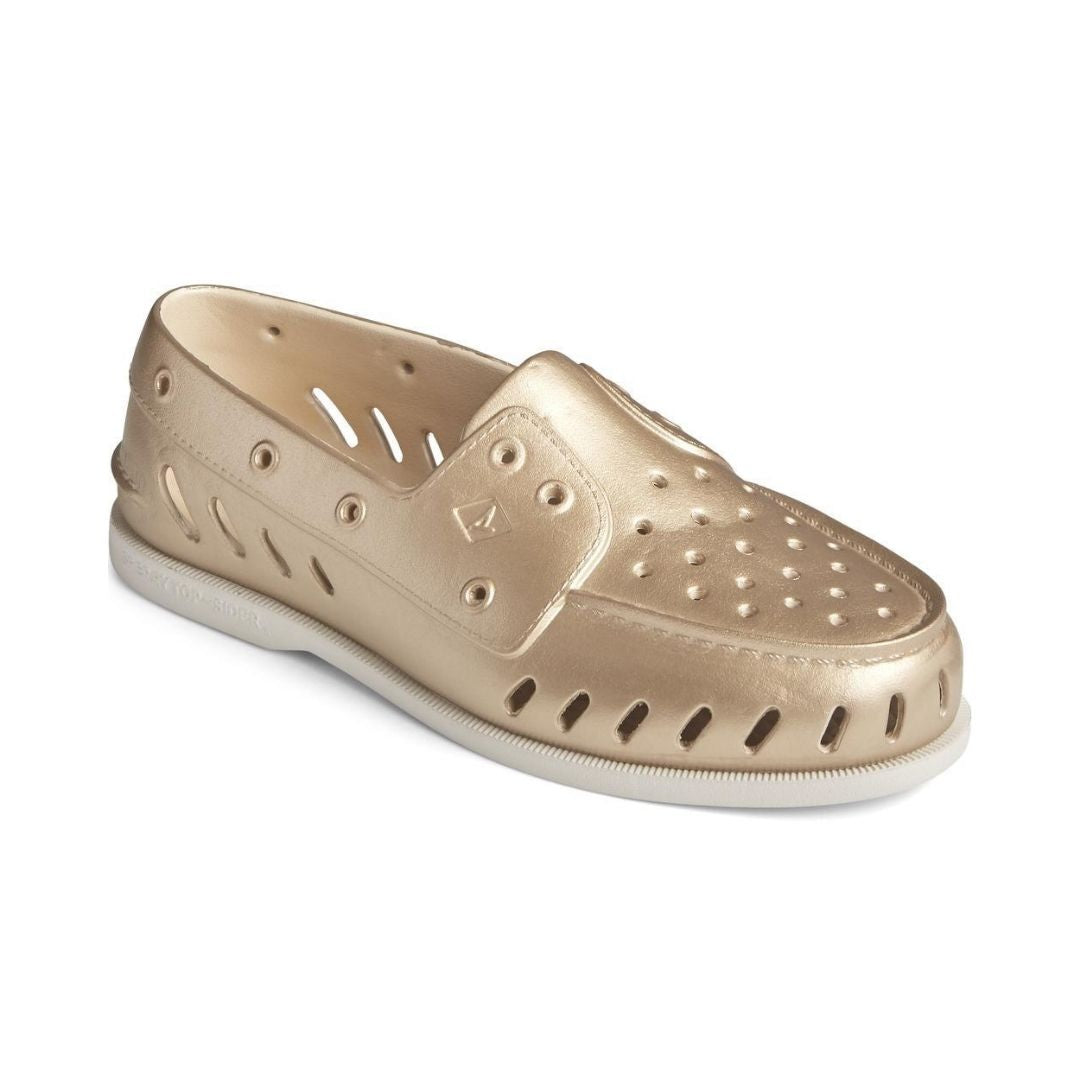 Gold EVA construction loafer style slip on with cut outs and white outsole