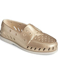 Gold EVA construction loafer style slip on with cut outs and white outsole