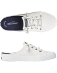 Top and side view of canvas mule with laces. Blue insole has Sperry logo on heel.