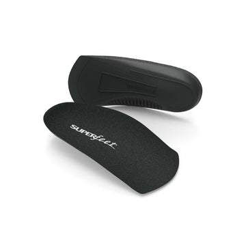 An insole that is 3/4 of a foot from heel in black showing top and bottom by Superfeet.